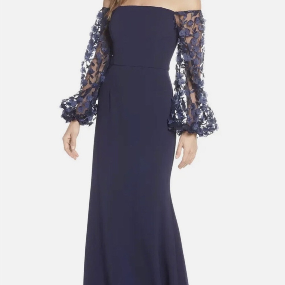 Eliza J Navy Off-Shoulder Lace Sleeve Dress (petite length)